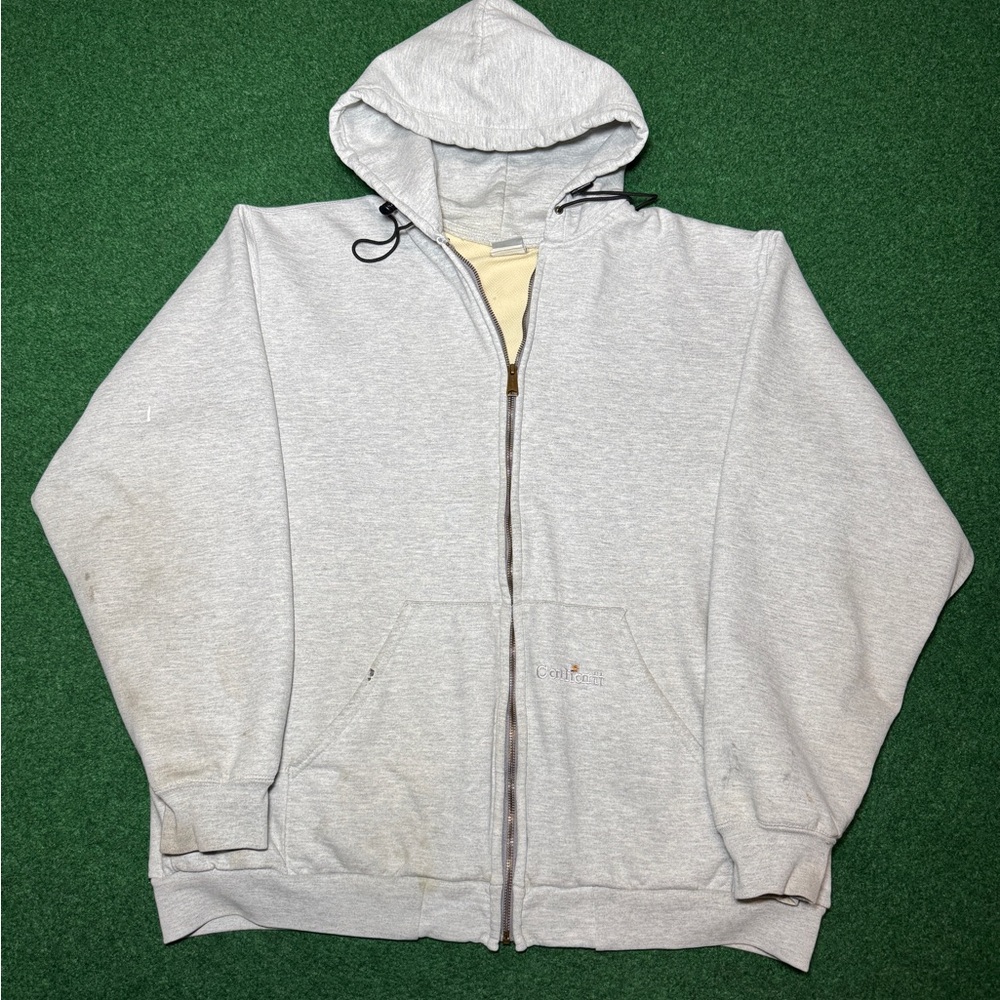 90s Carhartt Thermal Zip Up Hoodie Sweatshirt grey vintage workwear fall weather